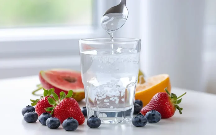 How to take Metamucil for weight loss – A glass of Metamucil mixed in water with fresh fruits.