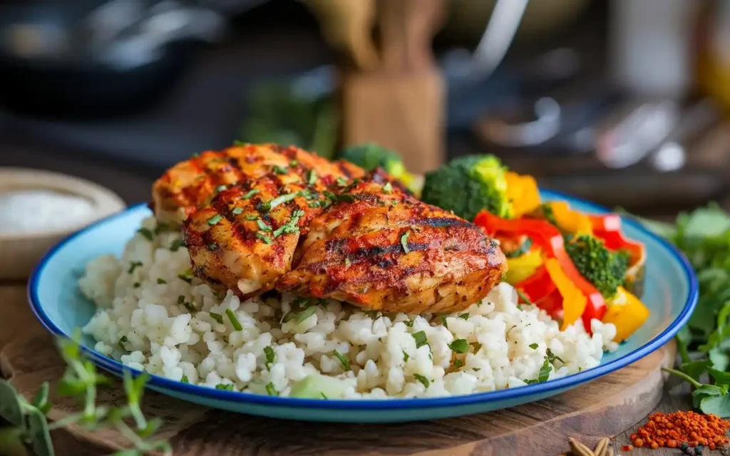 Low-carb Indian meal with cauliflower rice and grilled chicken for an indian diet for weight loss.
