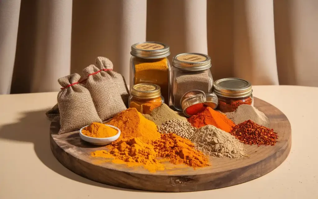 Various Indian spices on a wooden board illustrating an indian diet for weight loss.