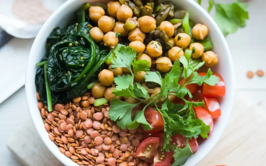 Vegan Indian Buddha bowl highlighting lentils and greens for an indian diet for weight loss.
