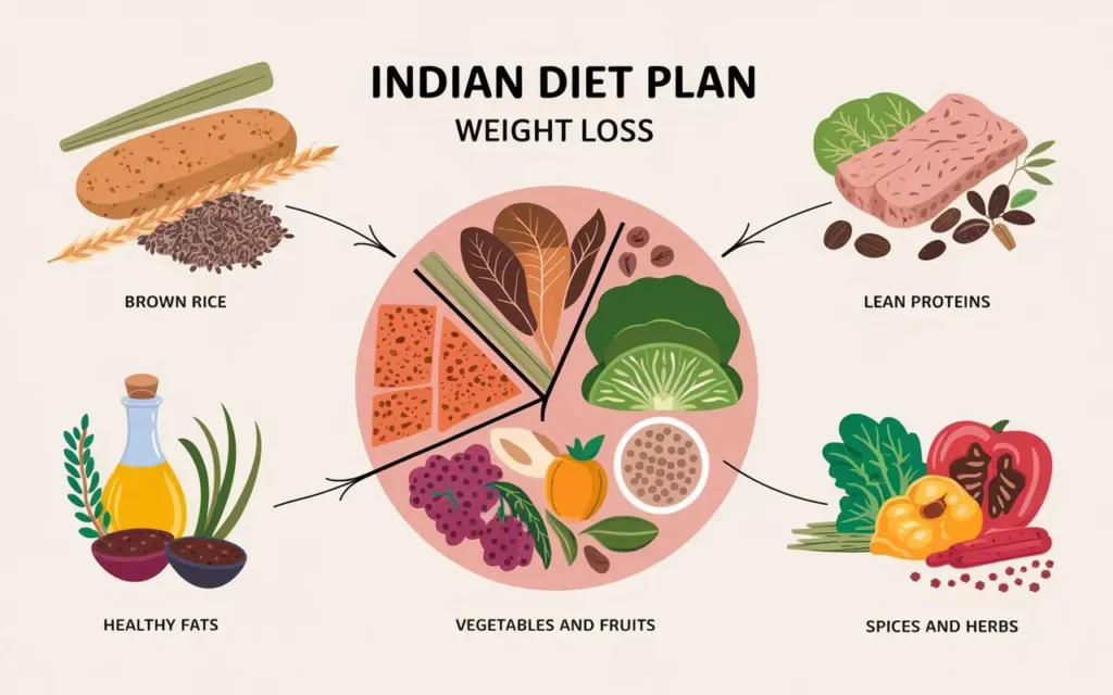 Key components of Indian diet plan for weight loss including whole grains, proteins, and vegetables