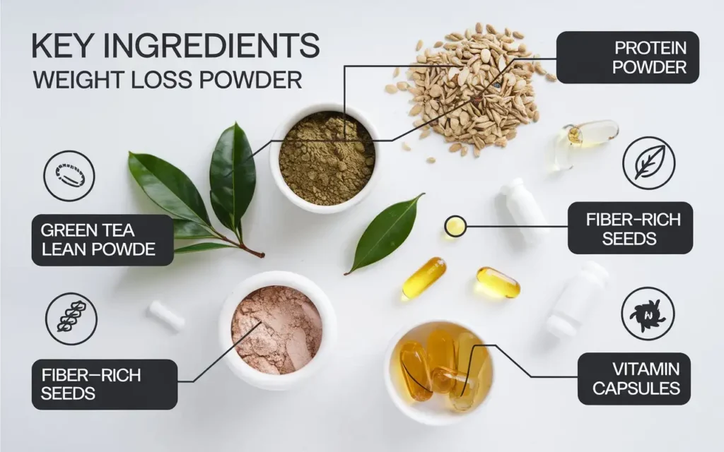 Key ingredients of the best weight loss powder displayed with labels