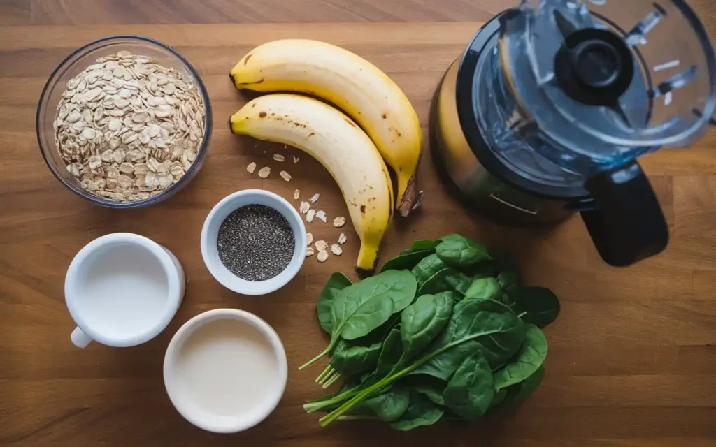 Fresh ingredients for an oatmeal smoothie for weight loss including oats, bananas, and spinach.