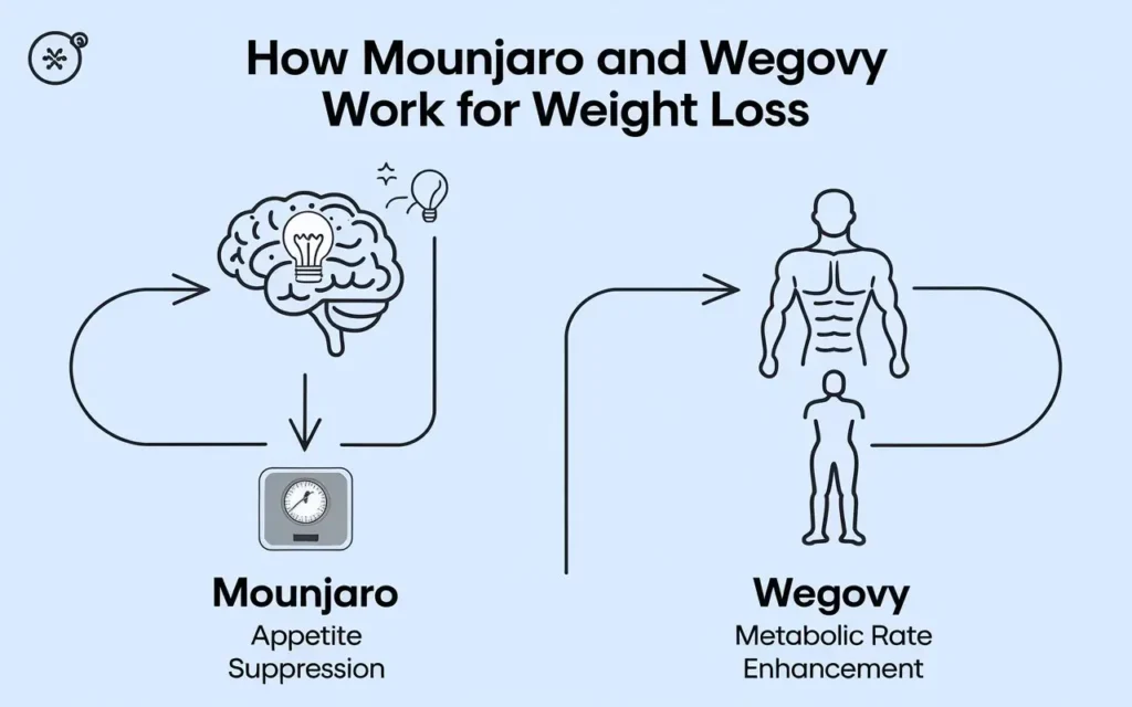 Mounjaro vs Wegovy for weight loss mechanisms illustration
