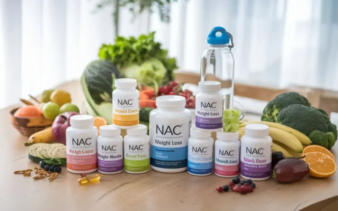 NAC weight loss supplements and healthy food on a wooden table