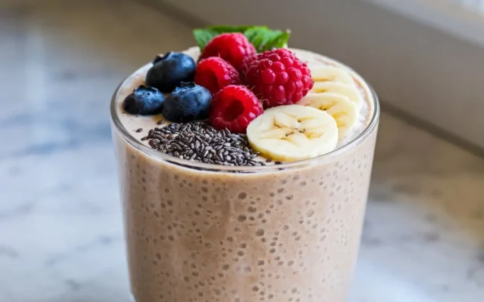 A vibrant bowl of oatmeal smoothie for weight loss topped with fresh fruits and chia seeds.