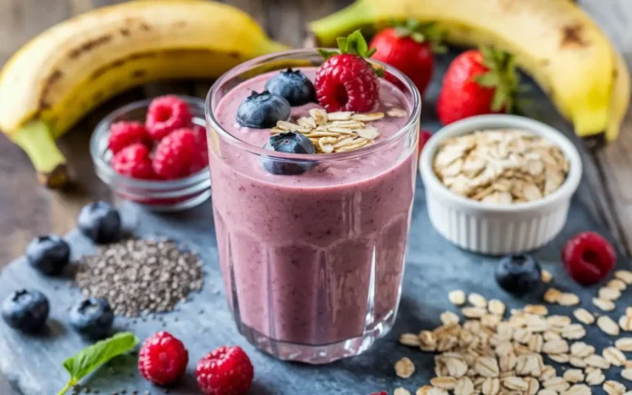 Oats smoothie weight loss featuring a vibrant berry and oat smoothie in a glass with fresh ingredients around