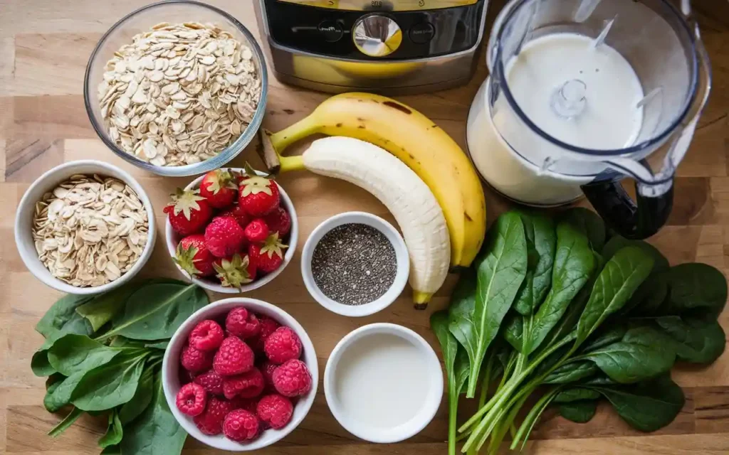 Introduction to oats smoothie weight loss with a variety of smoothie ingredients laid out