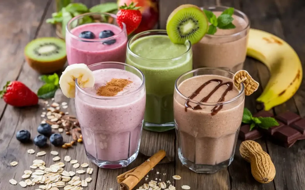 Assorted oats smoothie weight loss recipes displayed in glasses