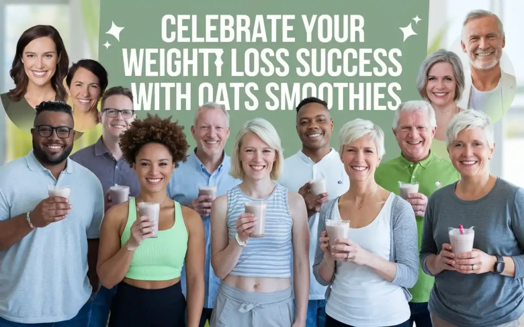 Happy individuals celebrating weight loss success with oats smoothies