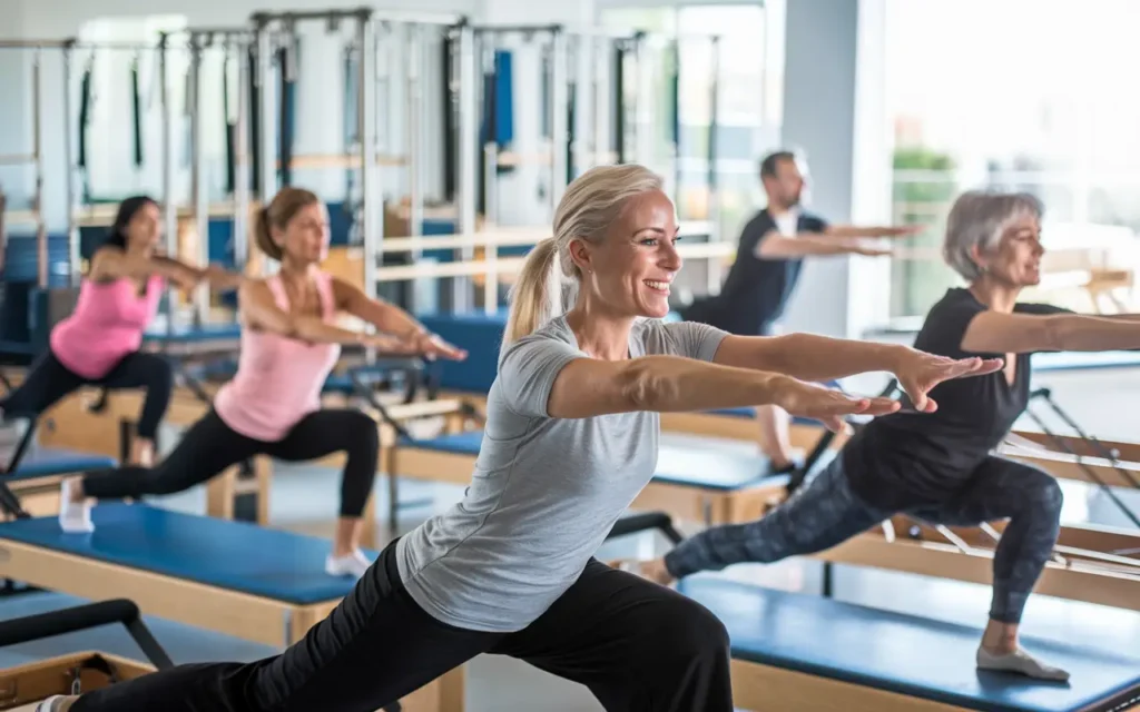 Group Pilates class practicing weight loss exercises