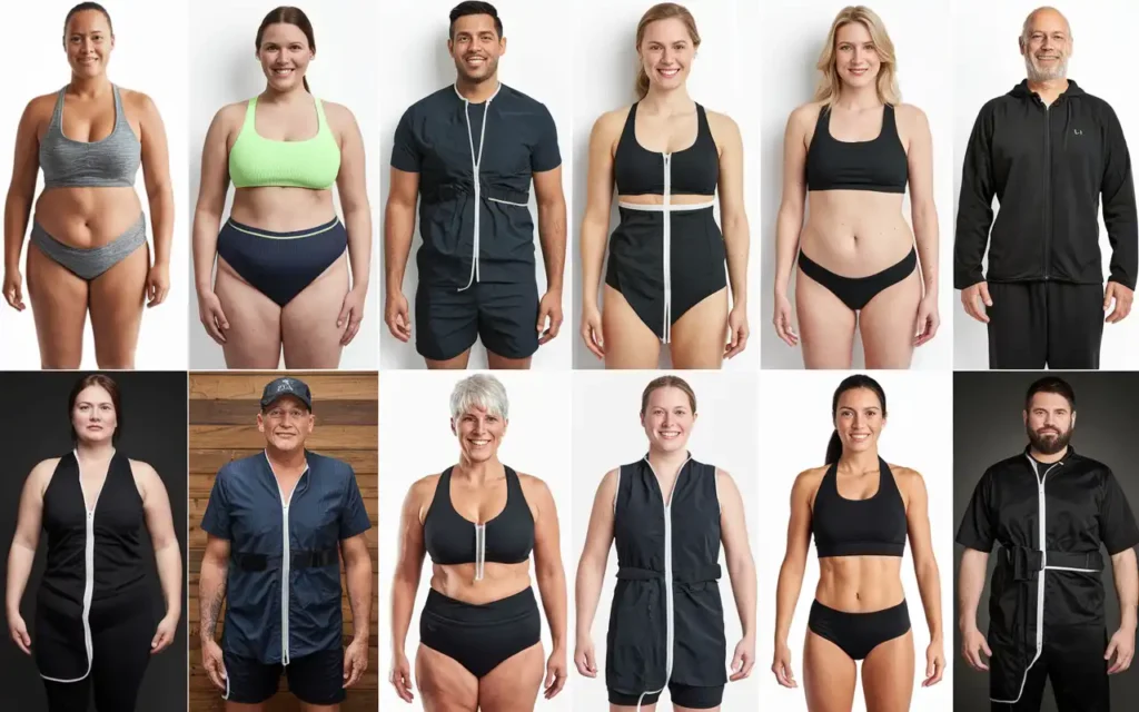 Before and after photos of individuals using sauna suits for weight loss
