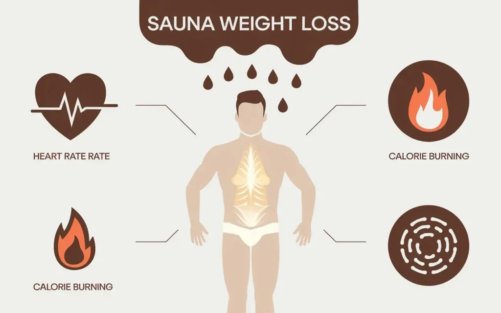 Illustration of sauna weight loss benefits like increased heart rate and sweating