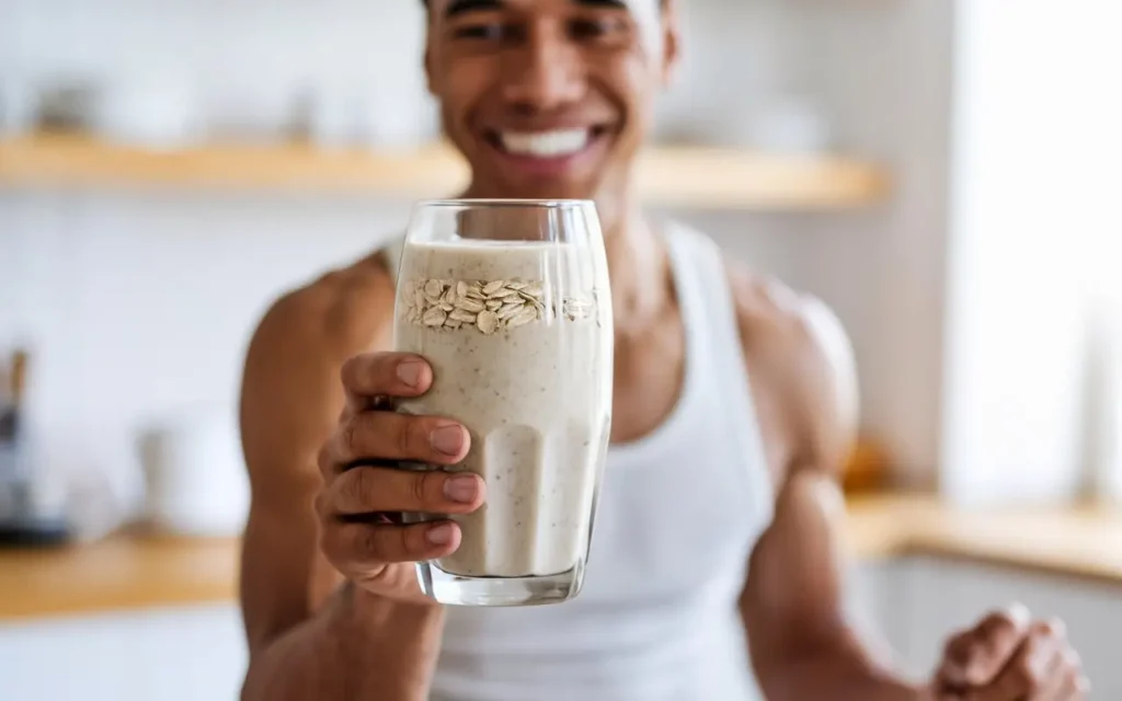 Person holding a glass of oatmeal smoothie for weight loss with a happy expression.
