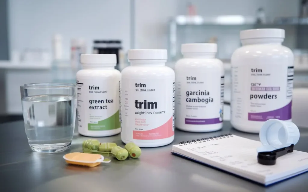 Guide to trim weight loss supplements with various supplement bottles