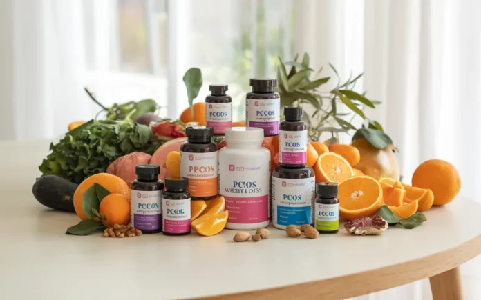 Vitamins for PCOS weight loss supplements arranged on a table