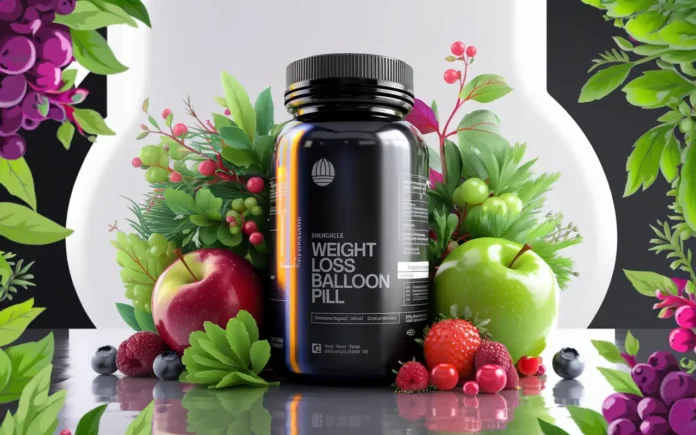 Weight loss balloon pill bottle surrounded by healthy foods