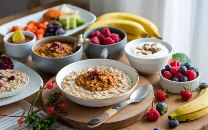 A healthy Indian breakfast spread featuring oats upma, moong dal chilla, and fresh fruits.