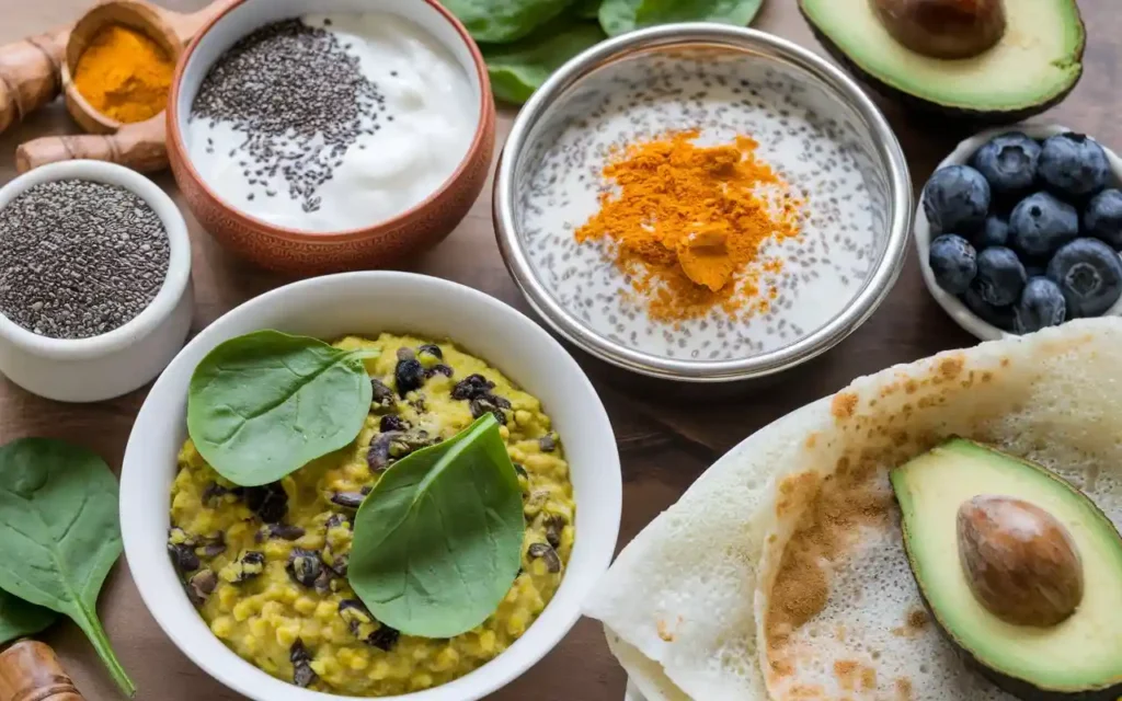 Indian breakfast superfoods including chia seeds, turmeric, spinach, blueberries, and avocado in various dishes