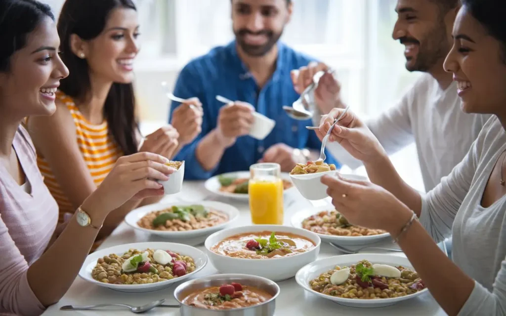 Happy individuals enjoying healthy weight loss breakfast Indian dishes, showcasing their success stories