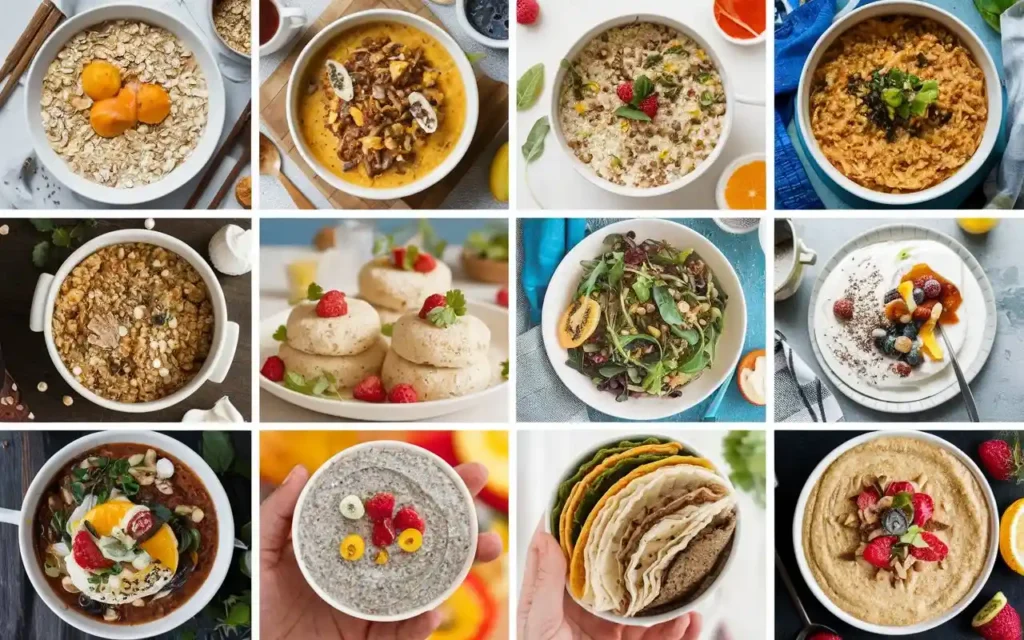 Collage of top 10 weight loss breakfast Indian recipes including oats upma, moong dal chilla, and quinoa upma.