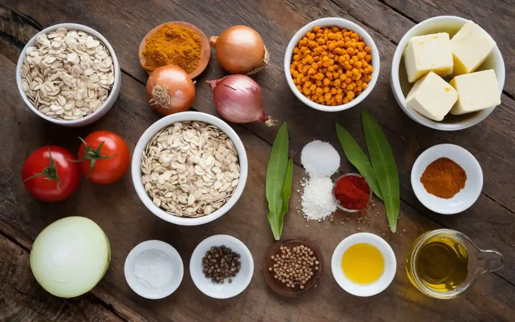 Traditional Indian ingredients for weight loss breakfast including oats, moong dal, paneer, and various spices.