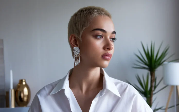 Stylish weight loss earrings displayed on a model's ears