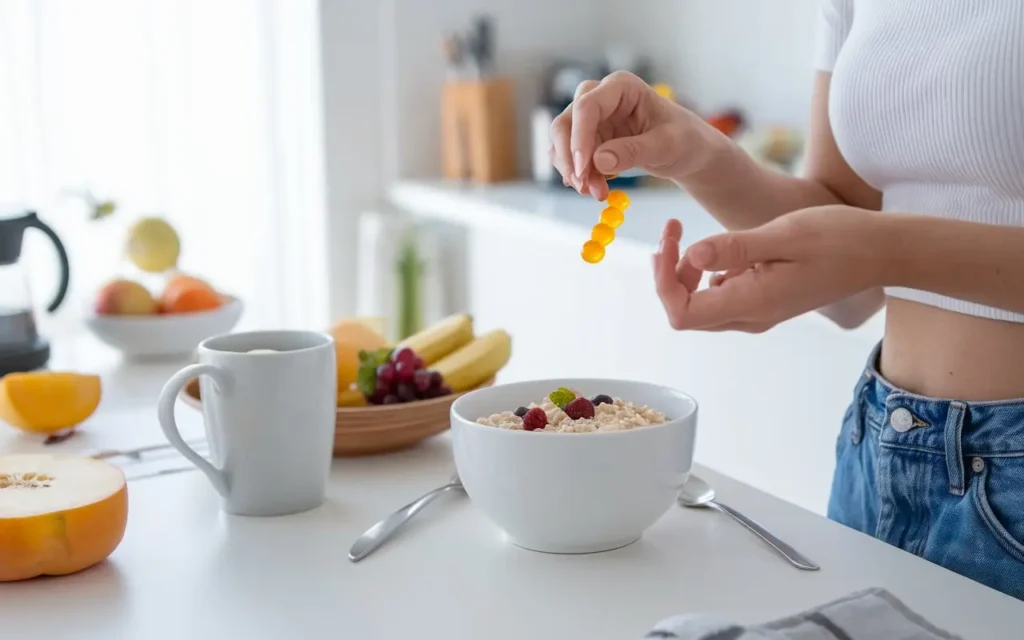 Integrating weight loss gummy into daily routine - Person taking gummies with breakfast