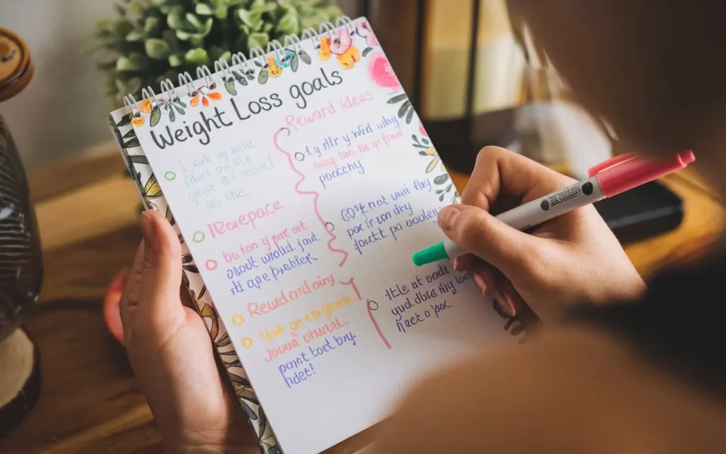 Person setting weight loss goals with reward ideas on a notepad