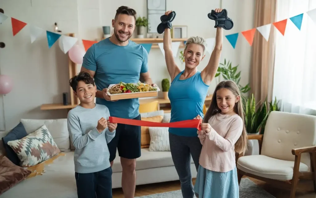 Family supporting each other with weight loss rewards and activities