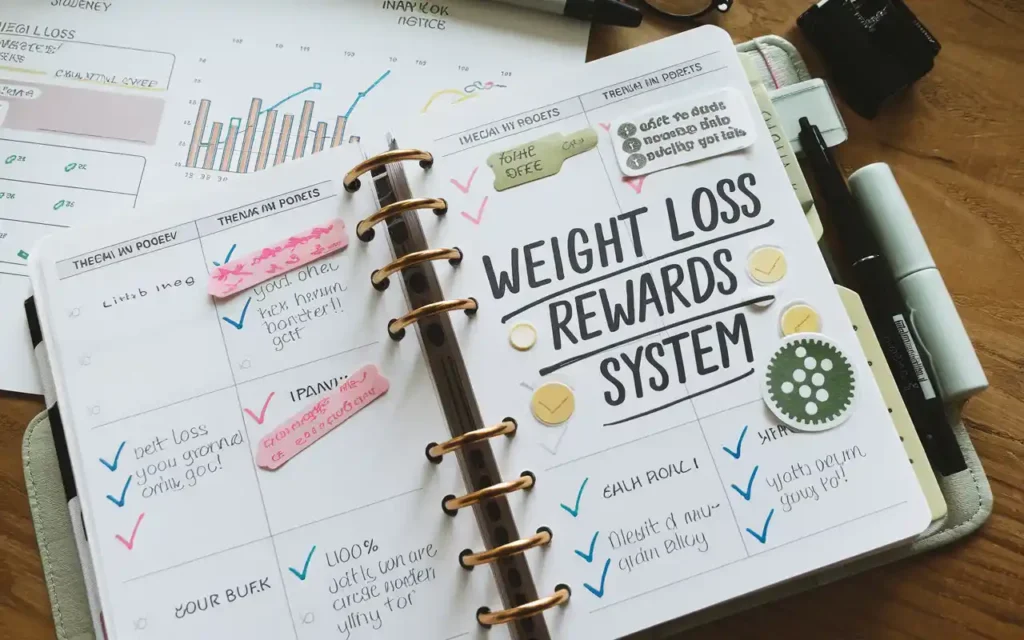 Step-by-step setup of a weight loss rewards system with planners and charts