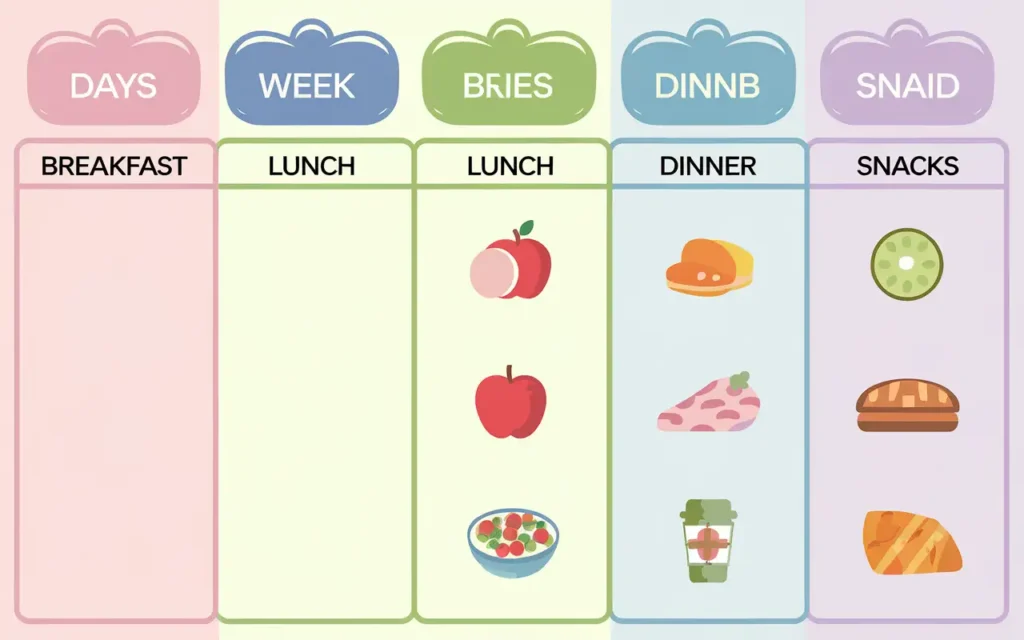 An organized chart showing a 7-day 1000 calorie diet menu plan with meal options