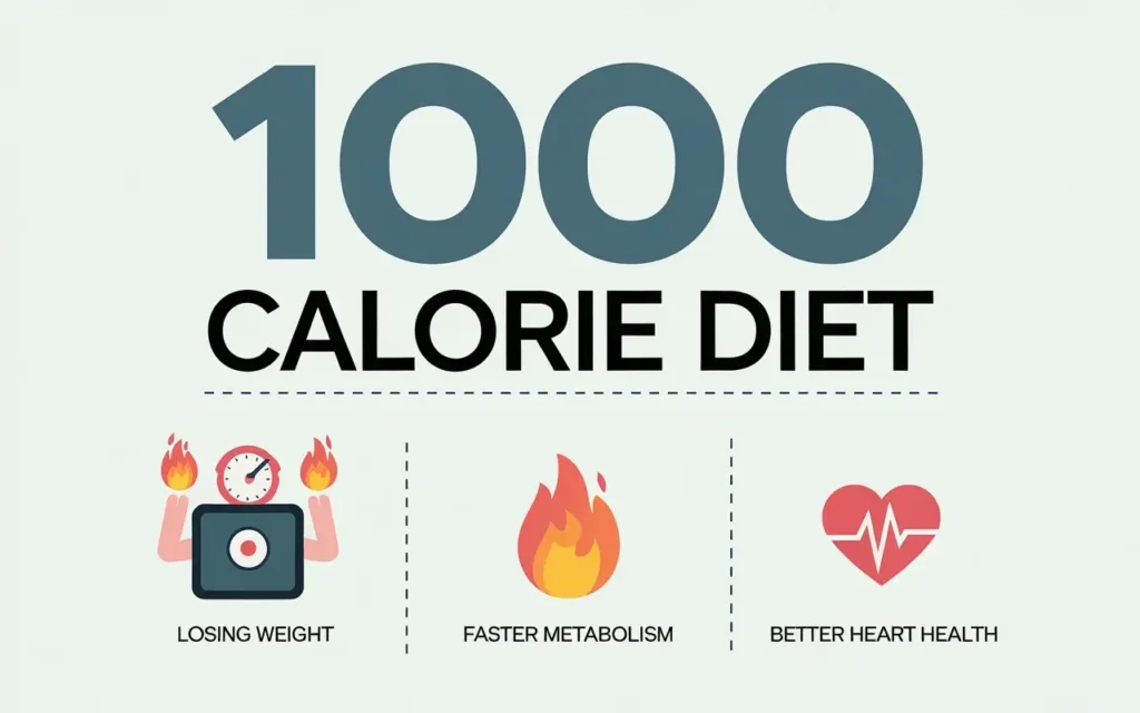 Benefits of the 1000 calorie diet with icons of health improvements