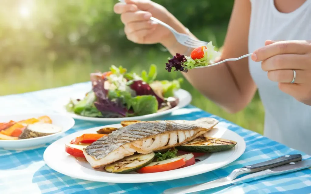 A person enjoying a balanced meal outdoors, symbolizing success in maintaining results from a 1000 calorie diet menu plan