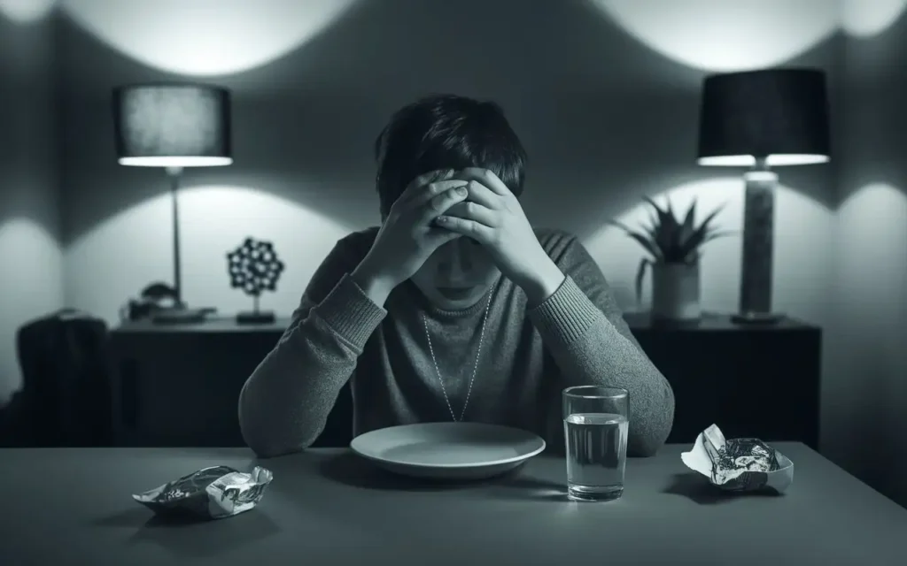 A frustrated person looking at an empty plate, highlighting mistakes in following a 1000 calorie diet menu plan