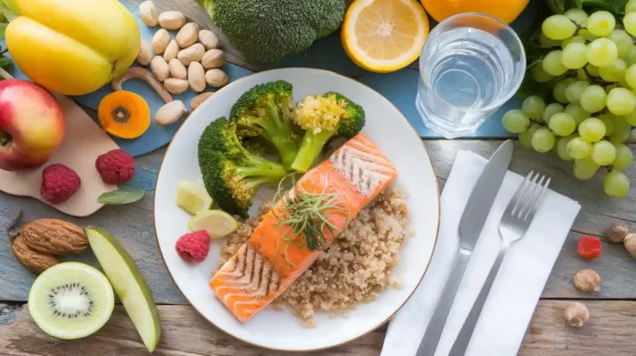 A colorful meal prepared for a 1000 calorie diet plan with fruits, vegetables, and lean proteins on a wooden table.