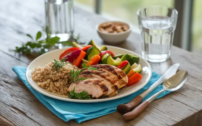 A healthy plate of grilled chicken, vegetables, and quinoa representing a 1000 calorie diet menu plan for 7 days