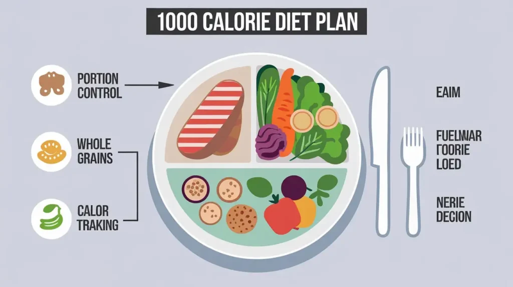 Overview of a 1000 calorie diet plan with a variety of balanced meal options