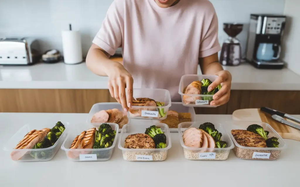 A woman preparing meals in a kitchen while following a 1000 calorie diet menu plan for 7 days