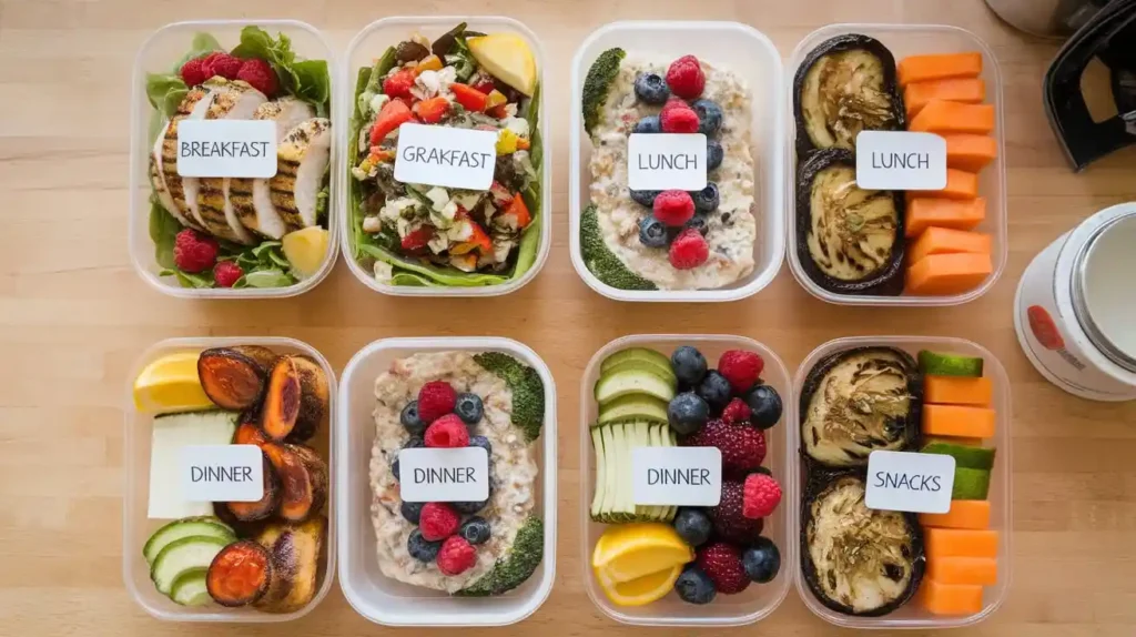 Meal prepping for a 1000 calorie diet plan with labeled containers of food