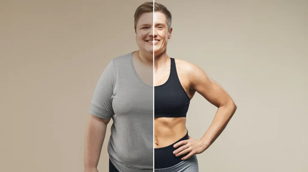 Before-and-after transformation images showing weight loss success