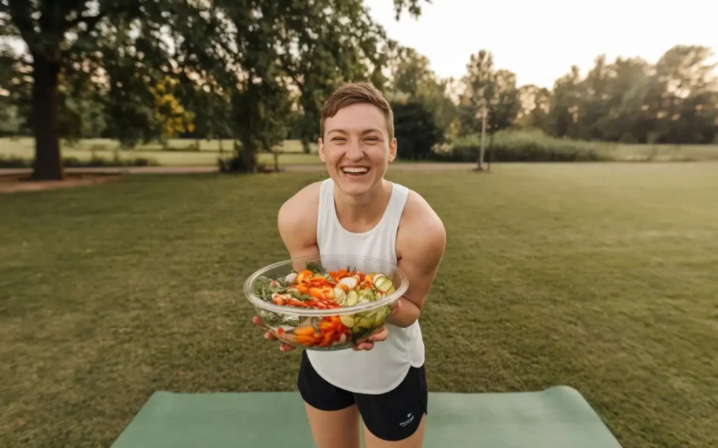  smiling person holding a salad bowl, representing the benefits of the 14 day diet