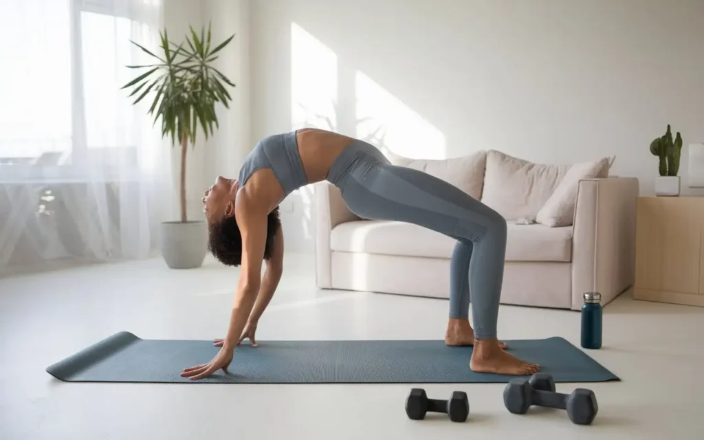 A person doing yoga on a mat next to a water bottle, promoting exercise with the 14 day diet