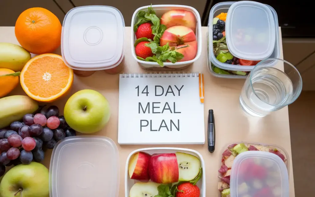 A detailed meal plan on a table with a notepad, fresh fruits, and healthy meals.