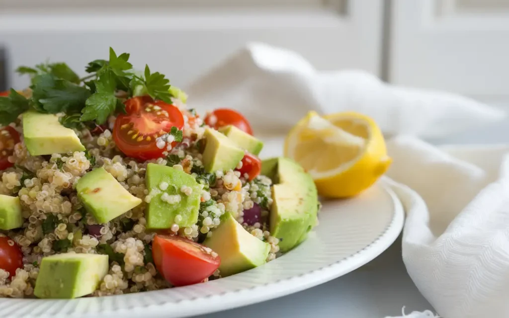 Close-up of a healthy 14 day diet recipe featuring a quinoa salad with avocado, tomatoes, and a lemon wedge