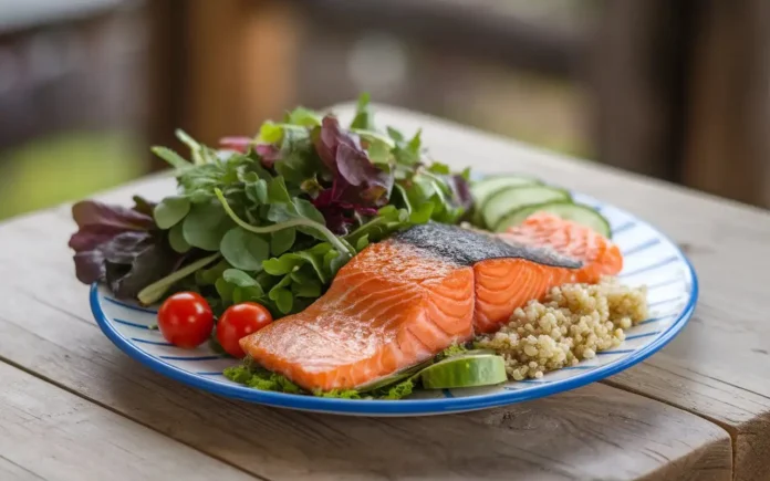 A vibrant meal plate showing a healthy 14 day diet plan with colorful vegetables, lean proteins, and whole grains