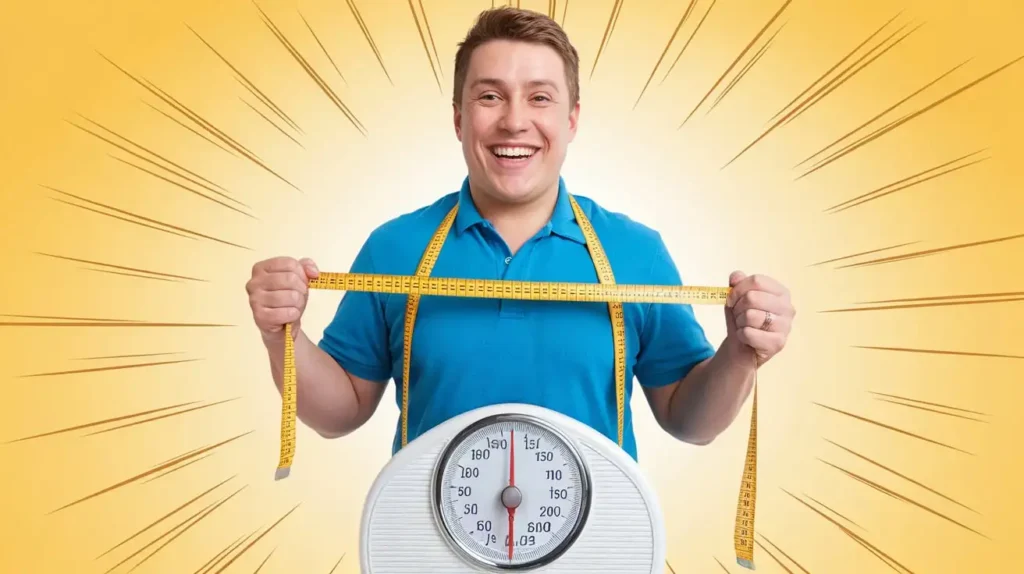 A happy person holding a scale after following a 1600 calorie diet