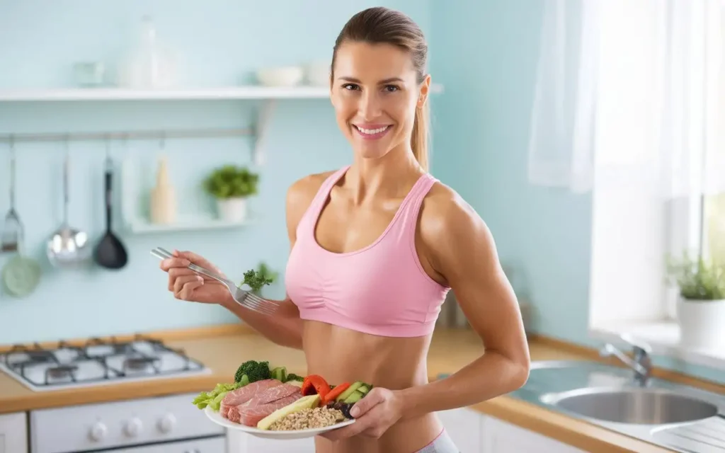 A fit woman smiling and holding a balanced meal plate representing the 1800 calorie diet