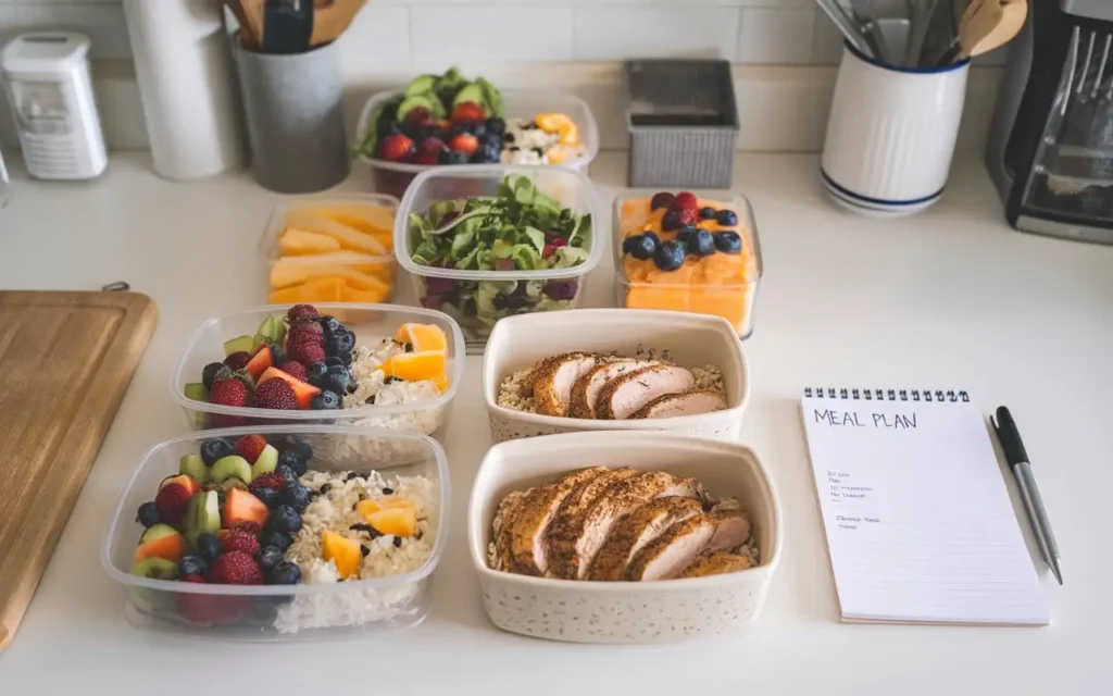 Organized meal prep containers showcasing meals for the 1800 calorie diet