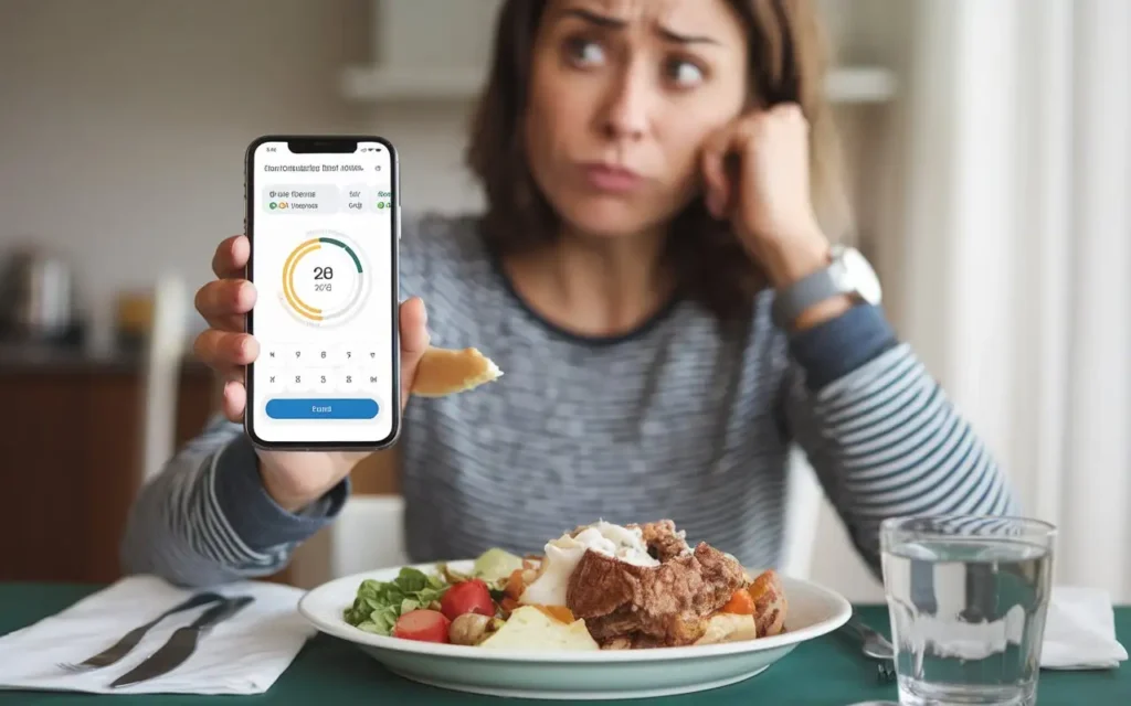 A woman looking confused while tracking her 1800 calorie diet on a smartphone app